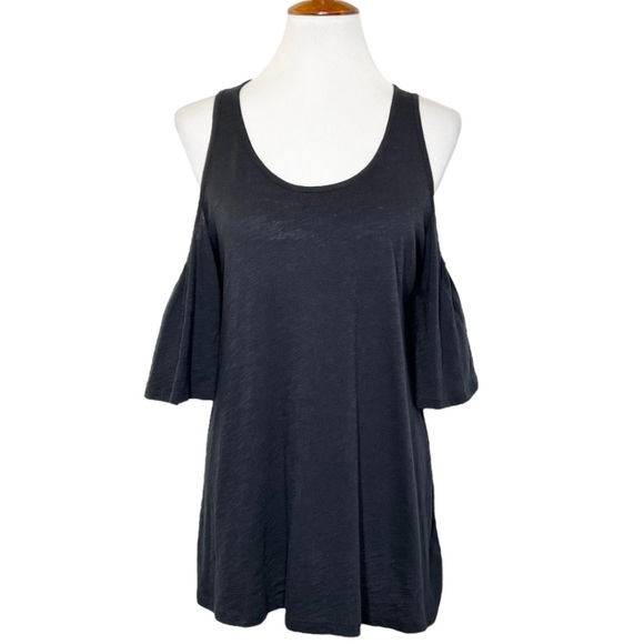 Anthropologie Black Cold Shoulder Relaxed Fit Pullover Short Sleeve Slub Tee - Picture 2 of 8